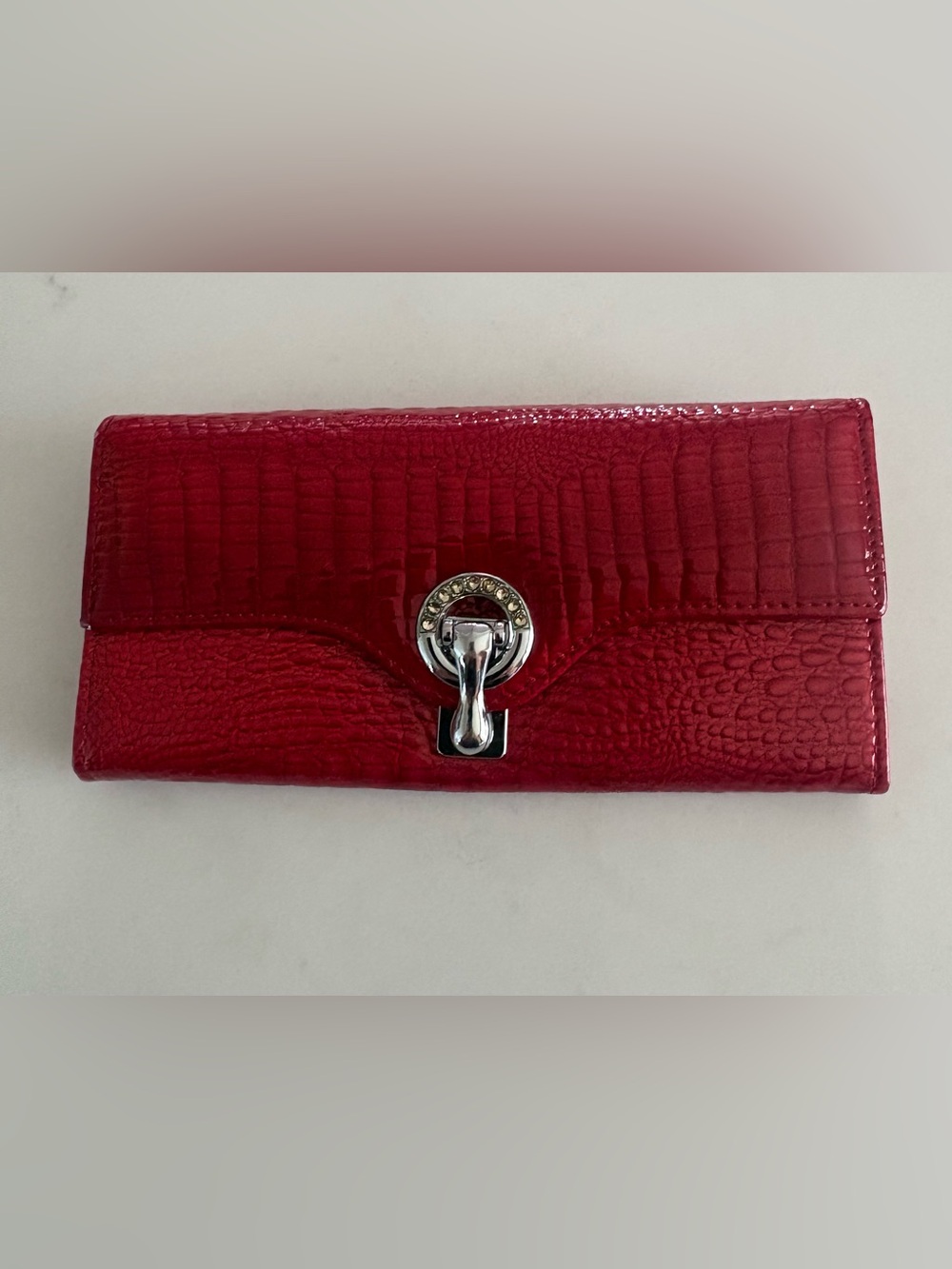 Red Textured Leather Wallet with Silver Turn-Lock